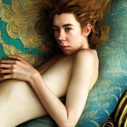 Image similar to stunning photo of vanessa kirby laying back on a pillow, dark - haired goddess with tears running down her face, a beautiful closeup, wet lips, perfect eyes, insanely detailed, elegant, by mucha, wlop, rutkowski, livia prima