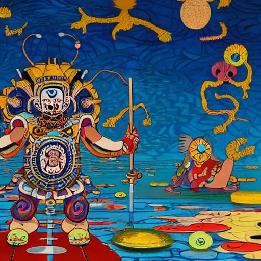 Image similar to a mayan warrior walking on water under the moon by takashi murakami, ernst haekl and james jean, aya takano color style, 4 k, super detailed