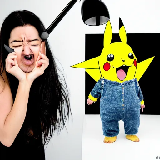 Image similar to sneezing model cute detective sneezing sick pikachu sneezing at a model photoshoot studio lighting by annie leibovitz