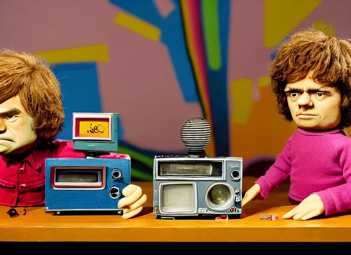 Image similar to a scene from a 1 9 7 0 s british kids tv programme by the bbc and oliver postgate, stop motion animation, peter dinklage, vhs distortion, cathode ray tube distortion, folk horror, hauntology, 8 k, 8 5 mm f 1. 8, studio lighting, rim light, right side key light