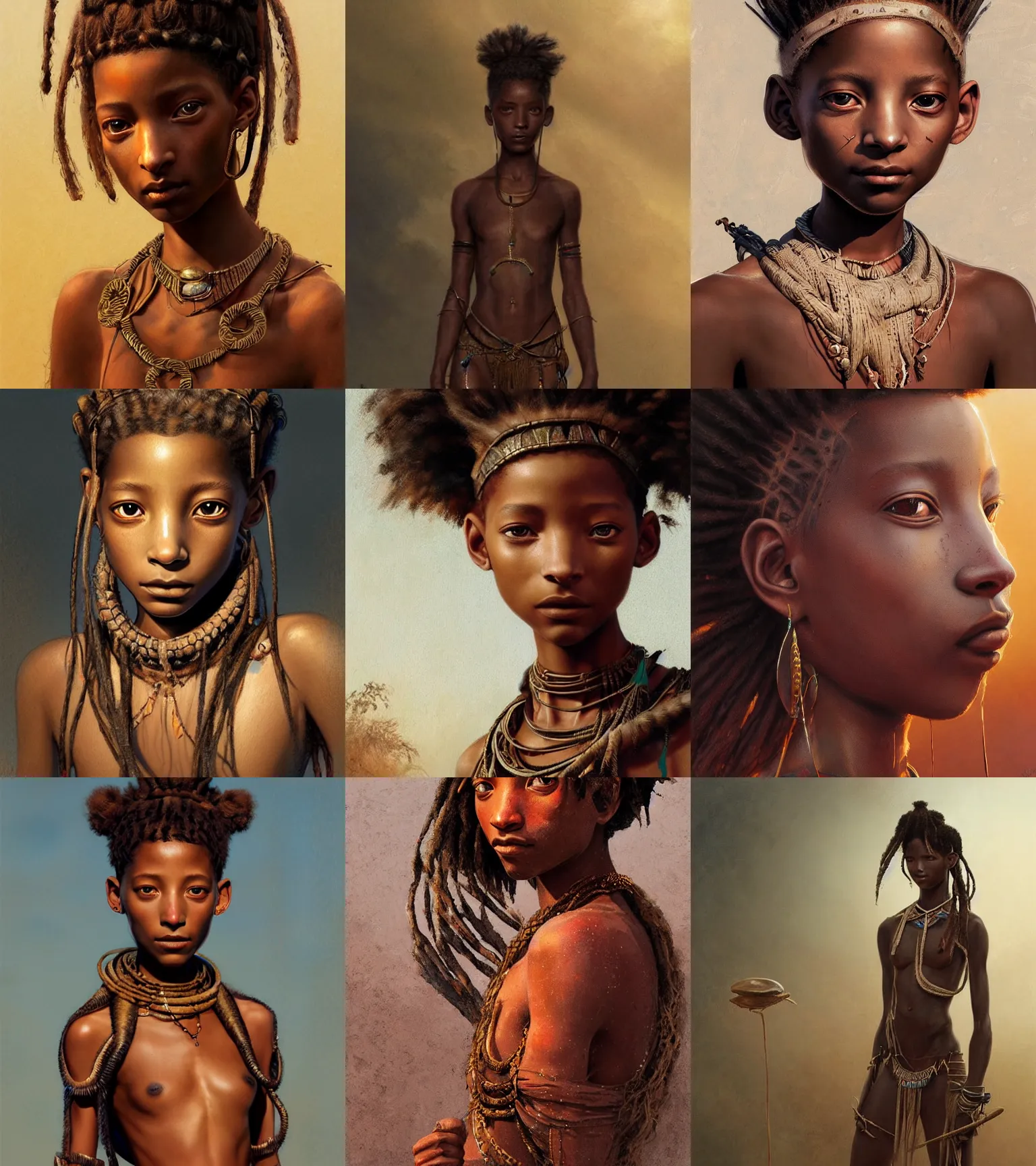 Prompt: Willow Smith as himba girl, intricate, elegant, highly detailed, digital painting, artstation, concept art, smooth, sharp focus, illustration, art by greg rutkowski and bouguereau and aleksi briclot