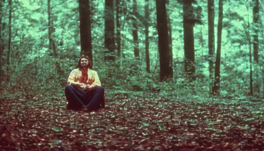 Image similar to 7 0 s film still from a horror movie with a man sitting in a forest, kodachrome, cinecolor, cinestill, photorealism, cinematic, film grain, film texture, vhs recording