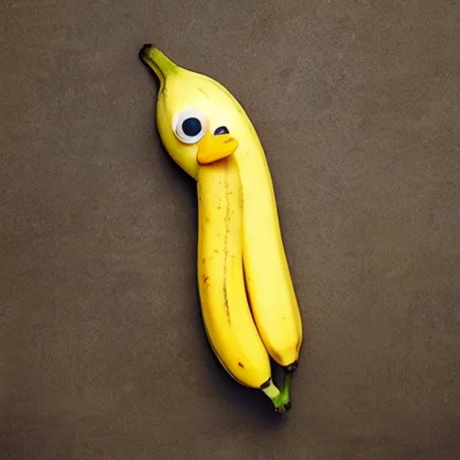 Image similar to a banana in the shape of a duck. A duck in the shape of a banana. Banana duck.