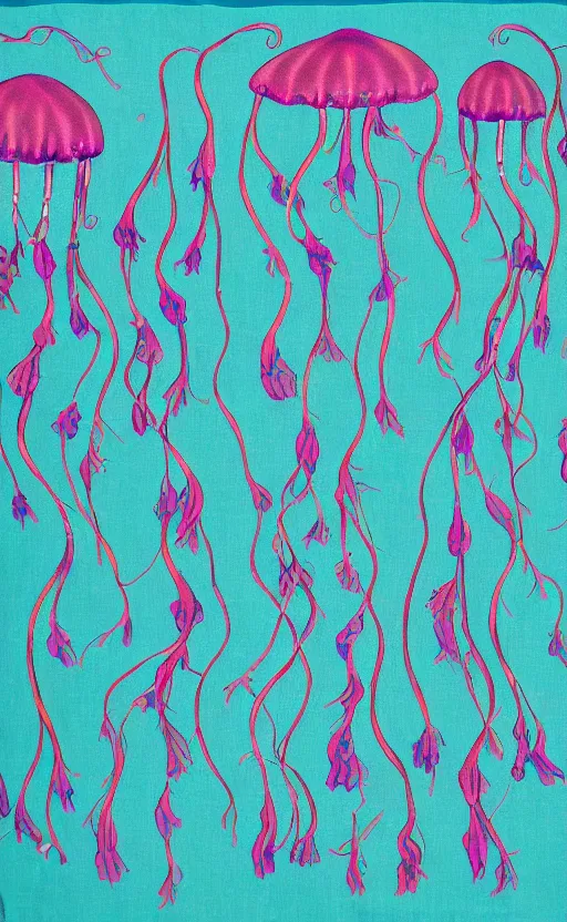 Image similar to tapestry of jellyfish ascending from the bottom of the ocean, cyan and magenta,