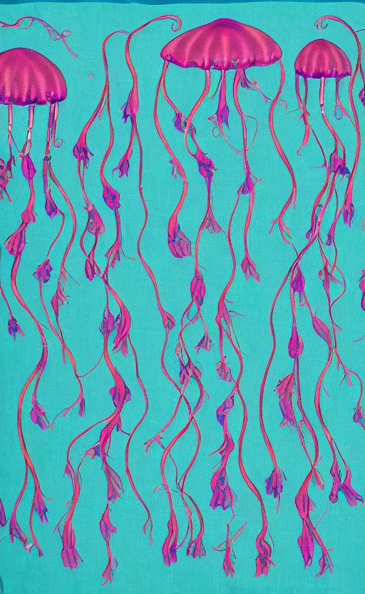 Prompt: tapestry of jellyfish ascending from the bottom of the ocean, cyan and magenta,