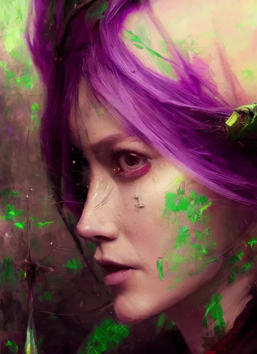 Image similar to purple and green colors, beautiful painting by jeremy mann, a female witch absurdly beautiful, elegant, ultrafine hyperrealistic detailed face illustration by wlop and artgerm and greg rutkowski, intricate linework, sharp focus, smooth, octopath traveler, final fantasy, unreal engine, dramatic lighting, ethereal, 8 k