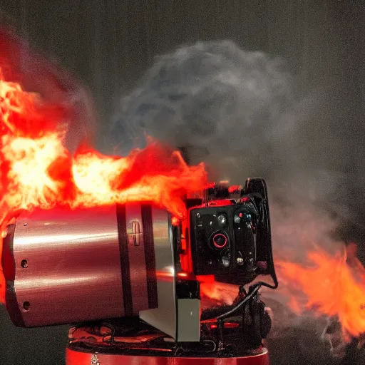 Prompt: a red helium cinema camera in flames at riverview in vancouver. cinematic. 8 k
