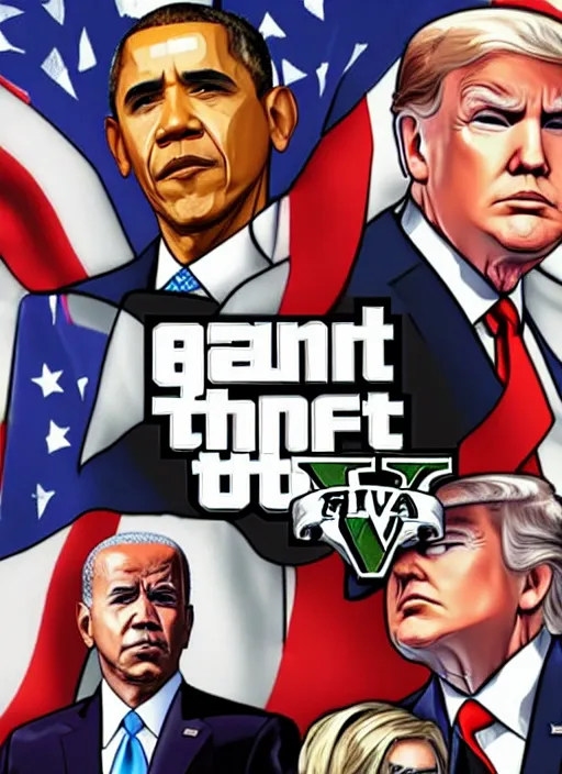 Image similar to GTA Cover Art, Obama, Biden, Trump