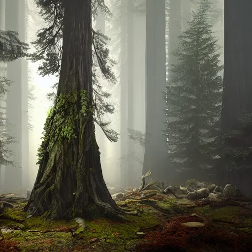 Prompt: grave in a redwood forest, sunlit, octane render, matte, greg rutkowski, highly detailed, hdr