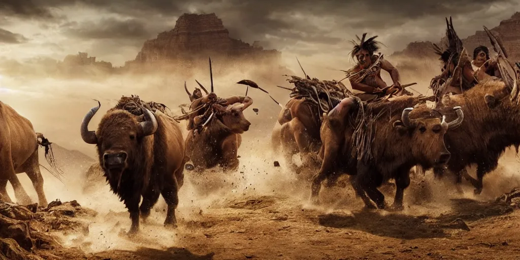 Prompt: indian tribe on wood ATV attacking bisons, action scene, an epic western, dramatic lighting, cinematic, establishing shot, extremely high detail, photorealistic, cinematic lighting, artstation, octane render, old photo, buffalo hunt movie, alpha movie, western, ultra sharp, clean symmetrical faces, high detail, intricate,hypermaximalist,hyper realism