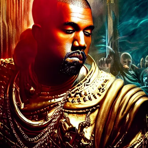 Image similar to Portrait of Kanye West as the god-emperor of mankind, amazing splashscreen artwork, splash art, natural light, elegant, intricate, fantasy, atmospheric lighting, cinematic, matte painting