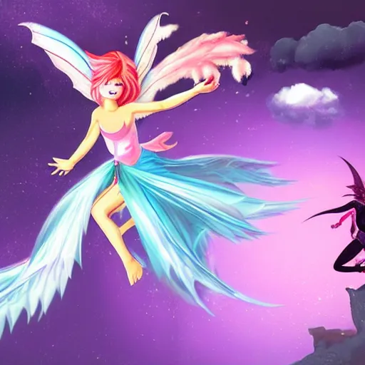 Prompt: flying fairy fighting against dragon demon