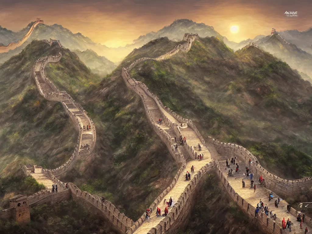 Image similar to advanced high technology version of the great wall of china with robot guards, digital painting, trending on artstation, deviantart, 8k, epic composition, intrinsic details, perfect coherence