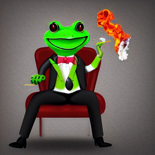 Prompt: an anthropomorphic frog wearing a suit and smoking a cigar in an office chair, 8k, photorealistic,