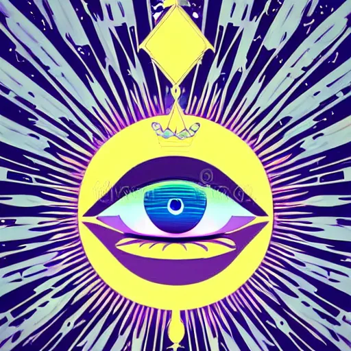 Prompt: a glowing crown sitting on a table with one beautiful eye mounted on it like a jewel, night time, vast cosmos, geometric light rays, bold black lines, flat colors, minimal psychedelic 1 9 6 0 s poster illustration