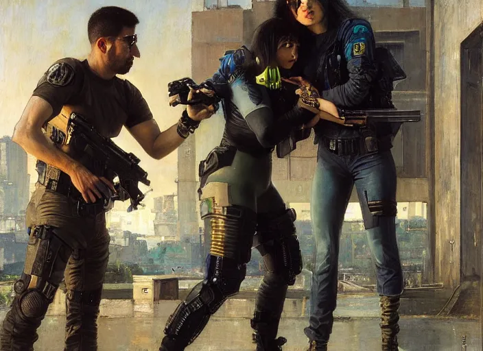Image similar to Maria evades pvt griggs. Cyberpunk hacker escaping Cyberpunk cop. (police state, Cyberpunk 2077, blade runner 2049). Cyberpunk Iranian orientalist portrait by john william waterhouse and Edwin Longsden Long and Theodore Ralli and Nasreddine Dinet, oil on canvas. Cinematic, Realistic Proportions.