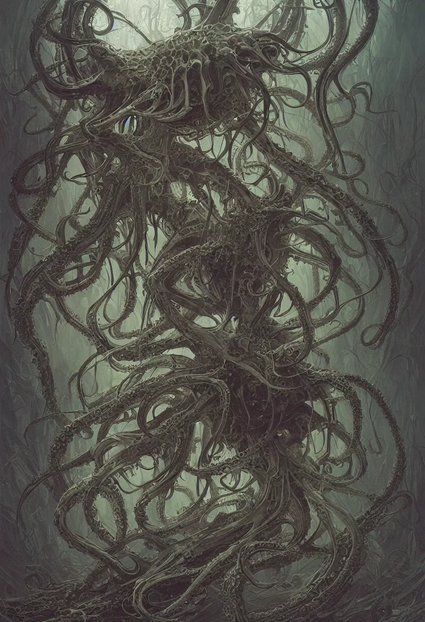 Prompt: a terrifying spider and octopus hybrid by greg rutkowski and raymond swanland hr giger and zdzislaw beksinski and alphonse mucha and moebius, matte painting, hyperdetailed, symmetry, art nouveau, beautiful render, concept art
