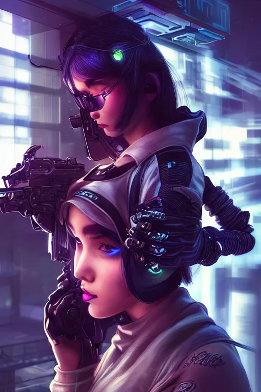 Prompt: portrait futuristic trustworthy cyberpunk young female gunner, in futuristic heavily sandstorm tokyo rooftop cyberpunk night, ssci-fi, fantasy, intricate, very very beautiful, elegant, neon light, highly detailed, digital painting, concept art, human anatomy, soft light, hdri, smooth, sharp focus, illustration, art by tian zi and craig mullins and WLOP and alphonse mucha