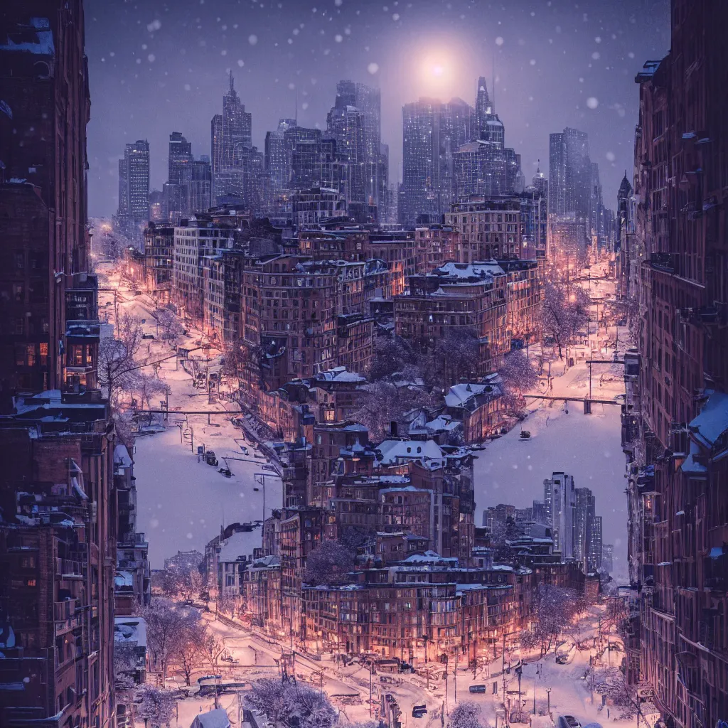 Image similar to beautiful cityscape, snow cold weather, evening lighting, 35mm photography, highly detailed, 8K, artgerm, sharp focus, cgsociety, cool lighting