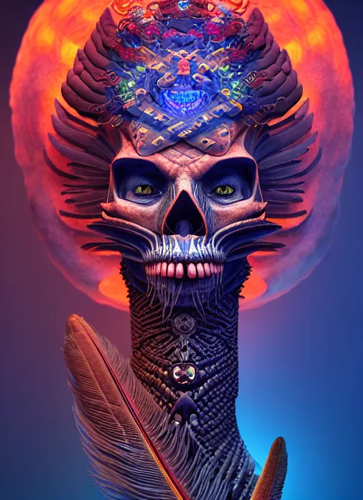 Image similar to 3 d shaman with tattoos profile portrait, sigma 5 0 0 mm f / 5. beautiful intricate highly detailed quetzalcoatl skull and feathers. bioluminescent, plasma, lava, ice, water, wind, creature, thunderstorm! artwork by tooth wu and wlop and beeple and greg rutkowski, 8 k trending on artstation,