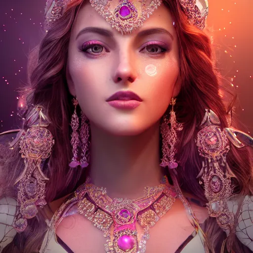 Prompt: portrait of princess of amethyst, glowing, ornate and intricate jewelry, jaw dropping beauty, glowing background lighting, white accent lighting, hyper detailed, fairy tale, 4 k octane render