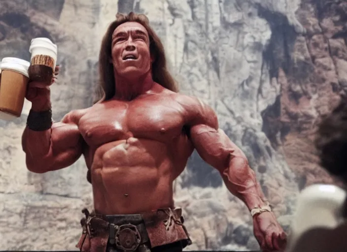 Image similar to film still of arnold schwarzenegger dressed as conan, holding coffee in starbucks, focus on faces, cinematic lighting, unreal engine, steve mccurry, volumetric lighting....