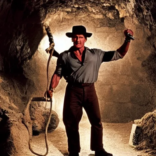 Image similar to sylvester stallone as indiana jones with a whip in his hand, holding a golden mayan skull, in a cave full of traps