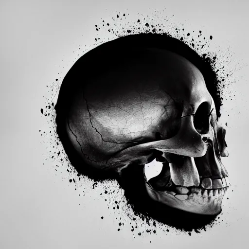 Image similar to professional photograph of a broken human skull, black fluid coming out, black and white, white background, 50mm, black and white