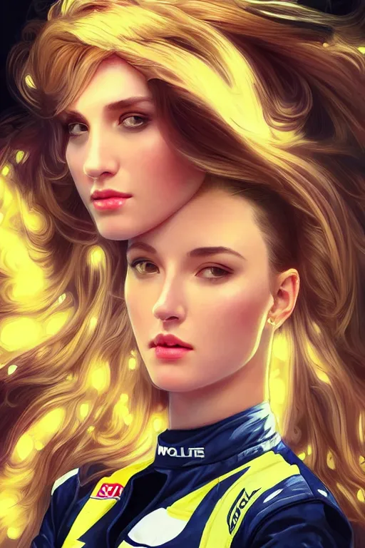 Image similar to portrait beautiful female formula one racer, wearing formula one racer uniform, formula one car as background, ssci-fi, fantasy, intricate, very very beautiful, elegant, human anatomy, neon light, highly detailed, digital painting, artstation, concept art, soft light, smooth, sharp focus, illustration, art by tian zi and WLOP and alphonse mucha