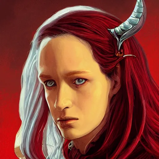 Prompt: a still from “ lord of the rings ” of a head and shoulders portrait of a female red - skinned winged tiefling warlock, photo by phil noto