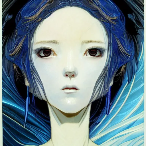 Image similar to prompt : ivory and blue and black portrait soft light painted by james jean and katsuhiro otomo and erik jones, inspired by evangeleon anime, smooth face feature, intricate oil painting, high detail illustration, sharp high detail, manga and anime 1 9 9 9