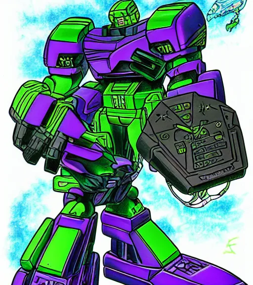 Image similar to armada megatron by akira toriyama, high quality, purple and green