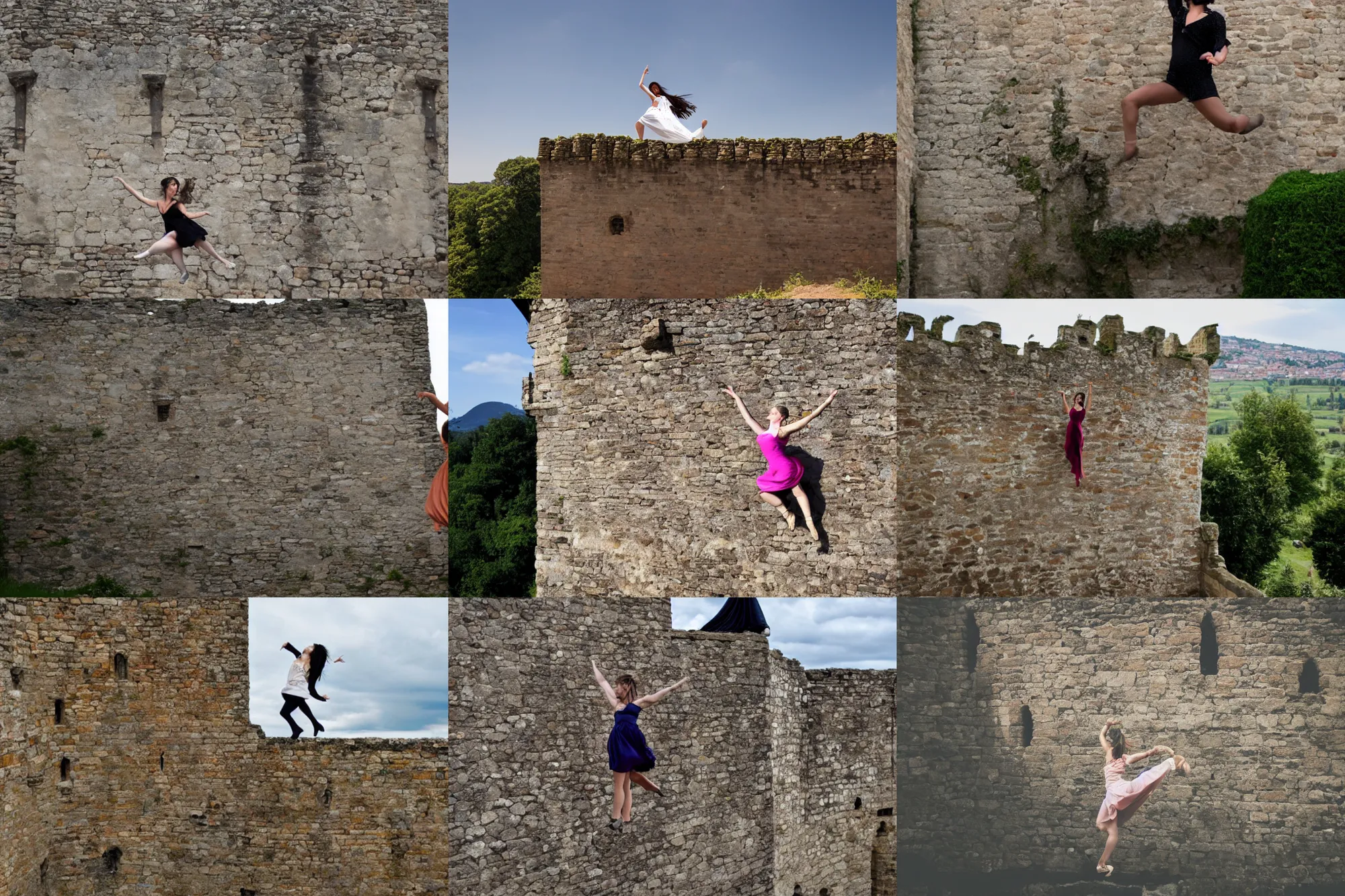 Prompt: woman dancing ( on top of the walls of an old castle )