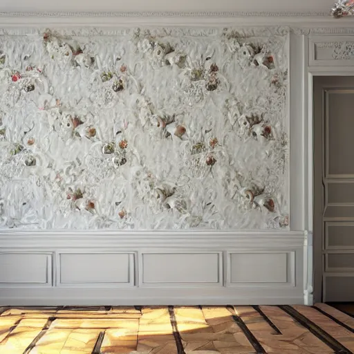 Prompt: interior art nouveau french appartment, white wood wall in background, flowers all over wall, albert bierstadt, photorealism, 8 k, detailed, clean