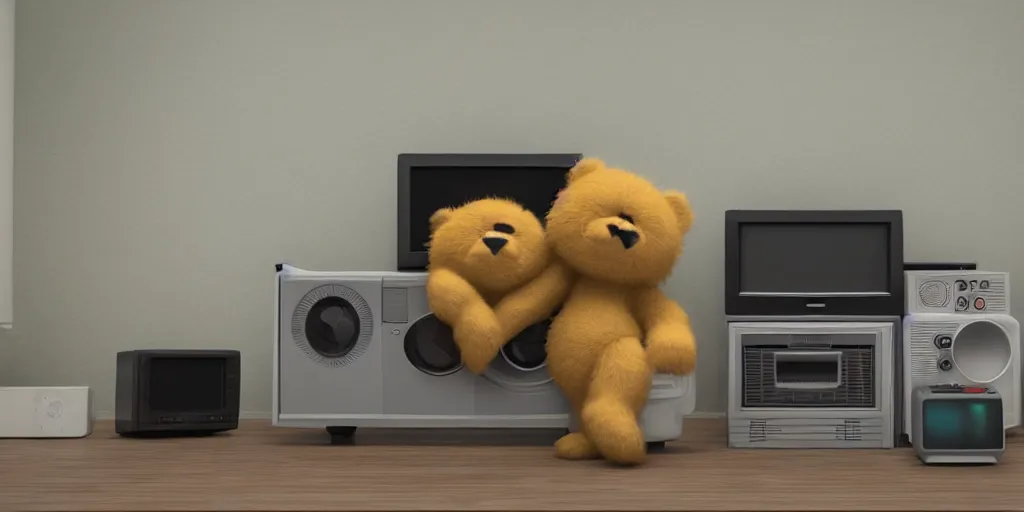 Image similar to two fluffy bears playing coleco vision with an old tv, octane render, 8 k resolution, cinematic