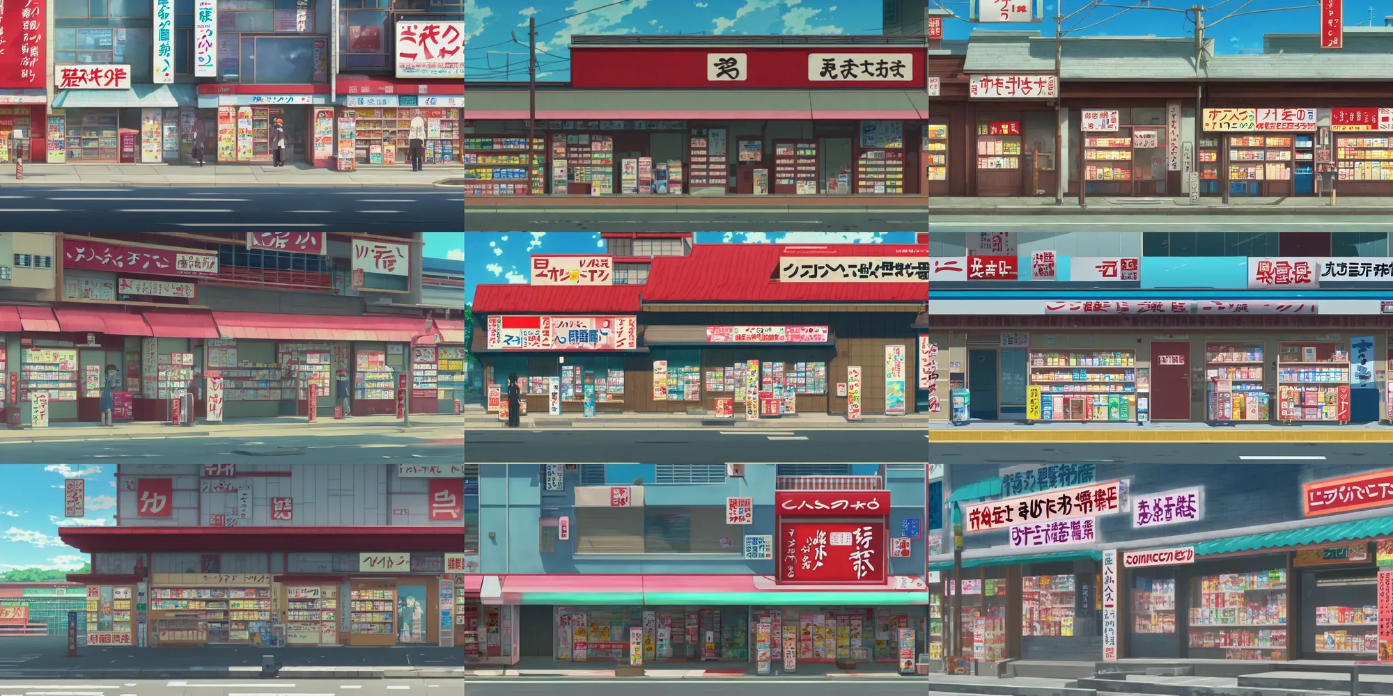 Prompt: close up front view of a japanese convenience store facade with signs on it, in the anime film by Makoto Shinkai