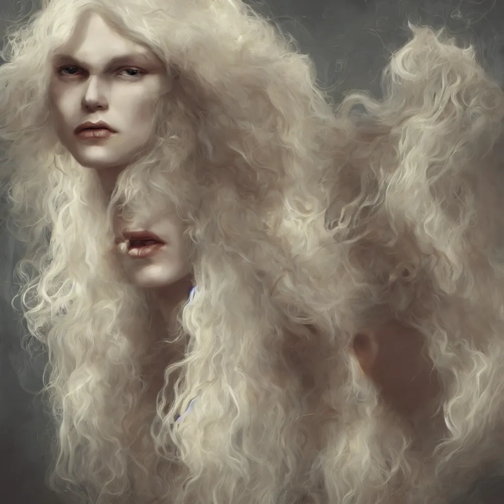 Prompt: portrait of a beautiful androgynous blond man, albino pale white skin and long fluffy curly blond hair, Center parted curtain bangs, close up view, head and upper body, looking upward, fullface, light from above, by Peter Mohrbacher, trending on artstation, 8k