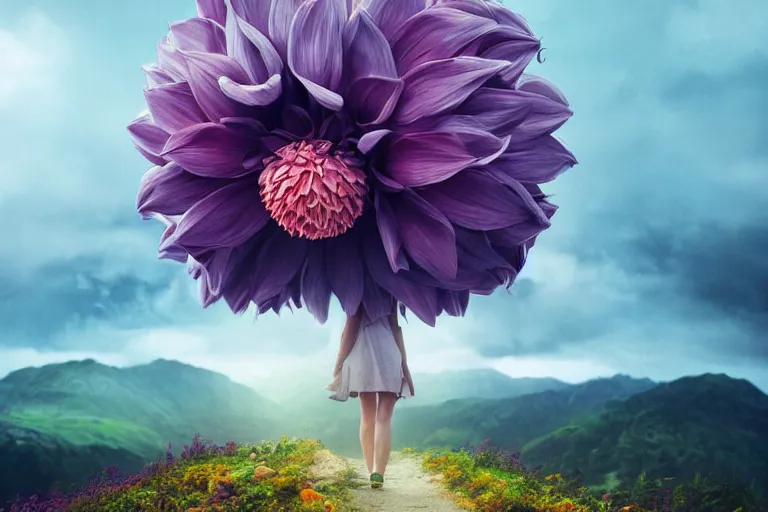 Image similar to giant dahlia flower crown under head, girl walking on mountain, surreal photography, blue storm clouds, dramatic light, impressionist painting, digital painting, artstation, simon stalenhag