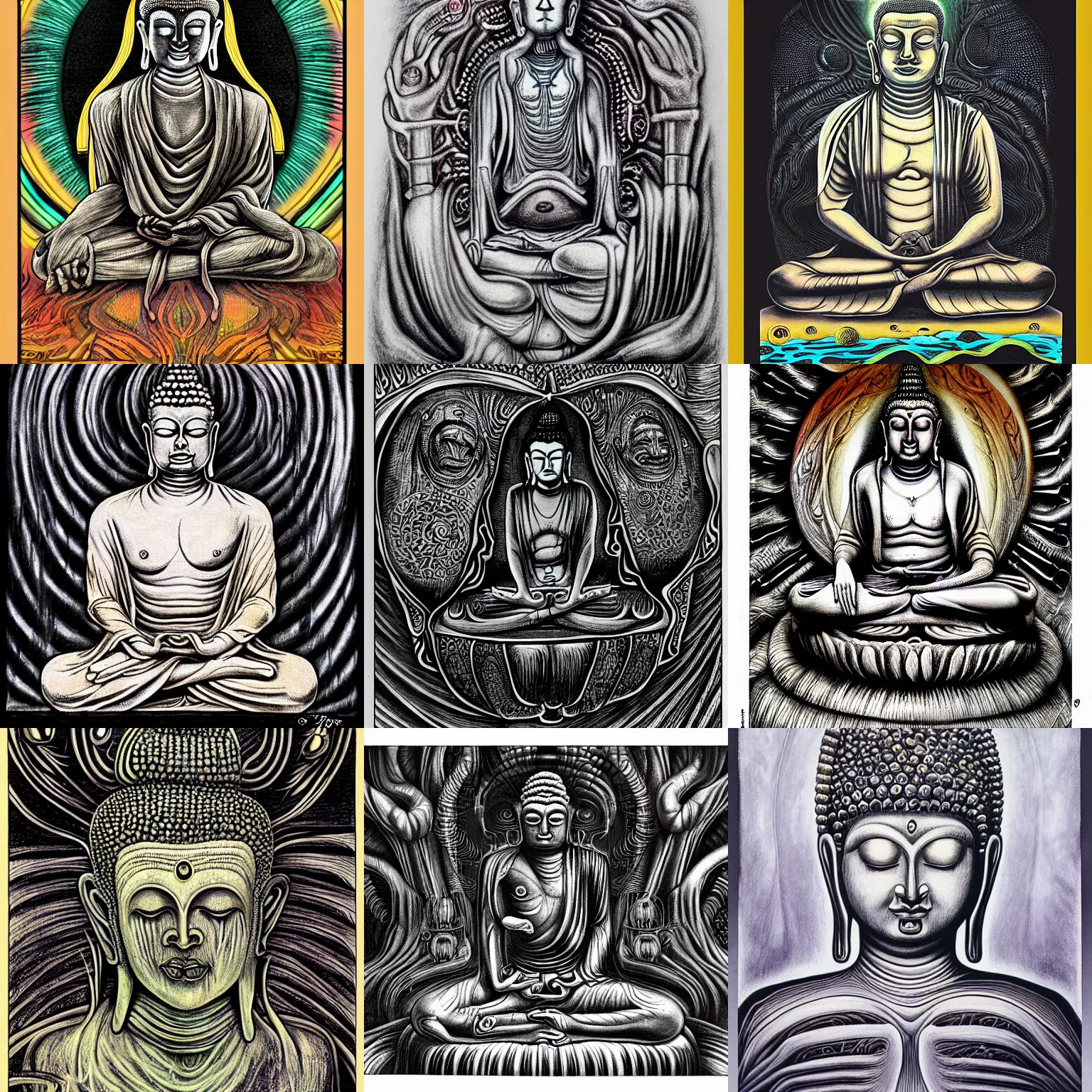 Prompt: hr giger drawing of buddha meditating, psychedelic, poster art