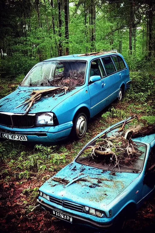 Prompt: “Old disintegrated blue Skoda Octavia Combi in a depressing dead forest”