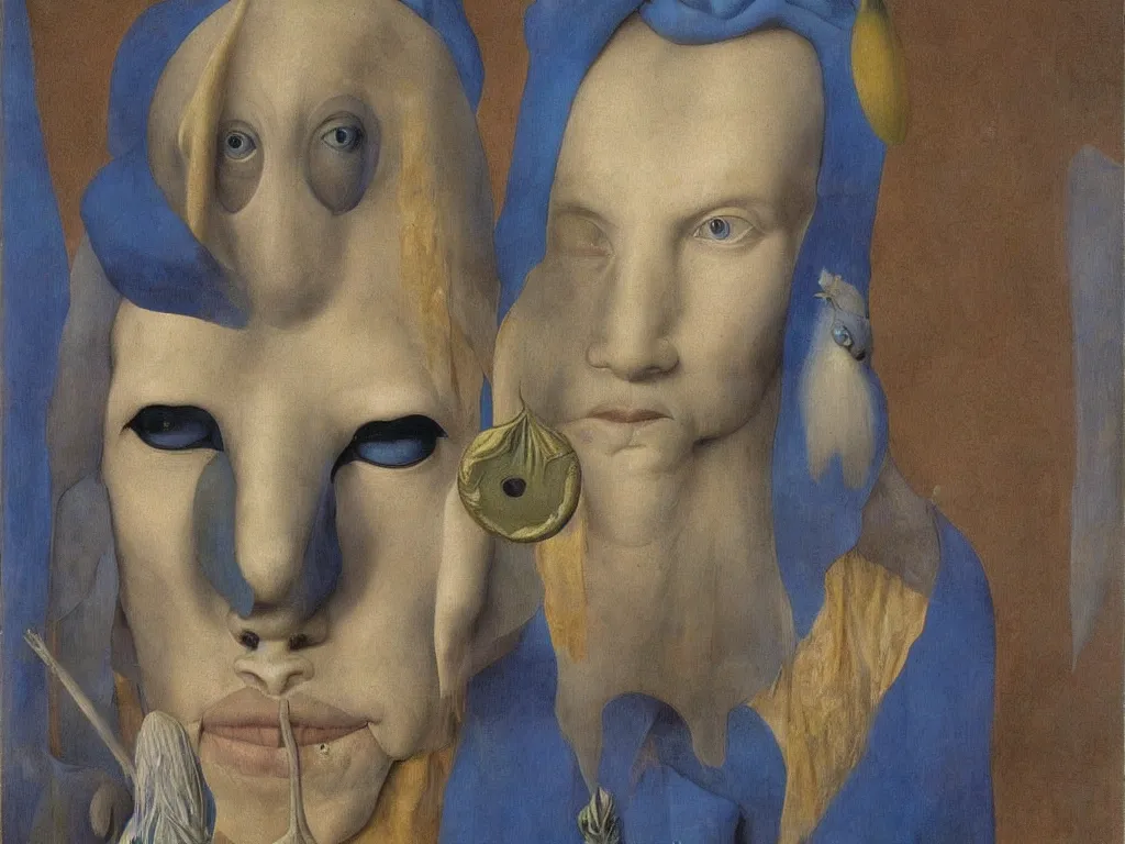 Prompt: portrait of albino mystic with blue eyes, with beautiful exotic, archaic, prehistoric, Burmese mask. Painting by Jan van Eyck, Audubon, Rene Magritte, Agnes Pelton, Max Ernst, Walton Ford