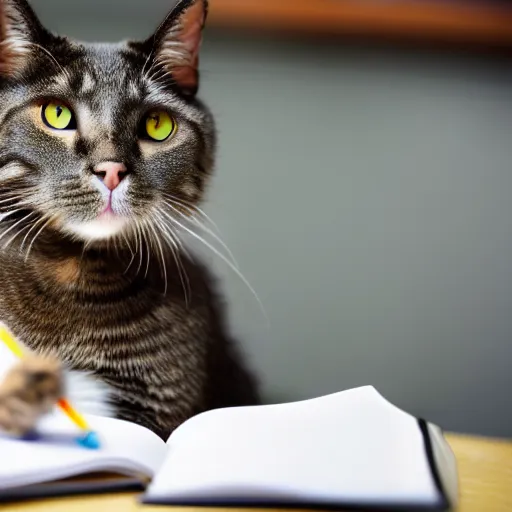 Prompt: a photo of a cat rabbit studying for an exam