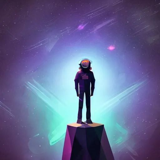 Prompt: a man standing in front of a black background, space art, low poly, cosmic horror, 2 d game art