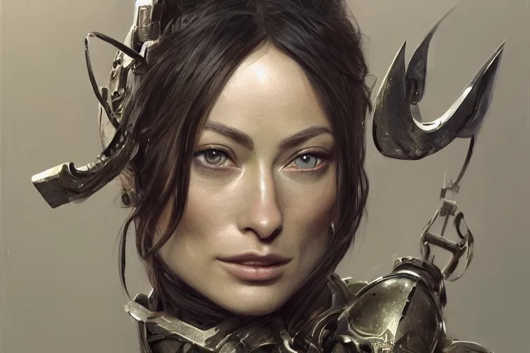 Image similar to a finely detailed portrait of Olivia Wilde, clothed in battle armor, olive skin, long dark hair, beautiful bone structure, symmetrical facial features, intricate, elegant, digital painting, trending on Artstation, concept art, smooth, sharp focus, illustration, from Metal Gear by Ruan Jia and Mandy Jurgens and Artgerm and Greg Rutkowski, award winning