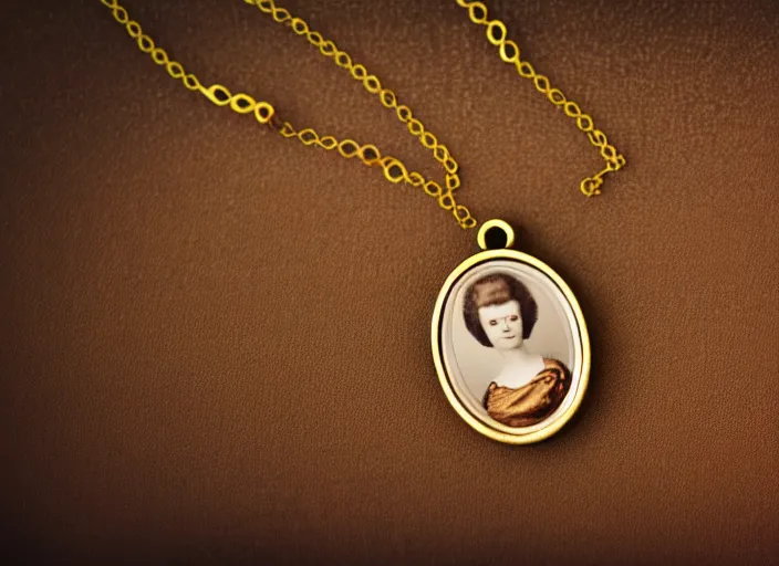 Image similar to sepia photo of a golden necklace with a hanging tiny open oval rusty golden locket pendant with a retro photo of an elegant and aesthetic woman royalty portrait, on a forest background with bokeh. Retro. Antique. High quality 8k. Intricate. Graflex camera 35mm. Award winning