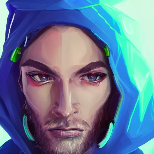 Image similar to a portrait of an ultradetailed futuristic male cyberpunk wearing a hoodie on his head, bearded, deep blue eyes, by dylan kowalski, 8 k, purple neon colours, digital painting, trending on artstation