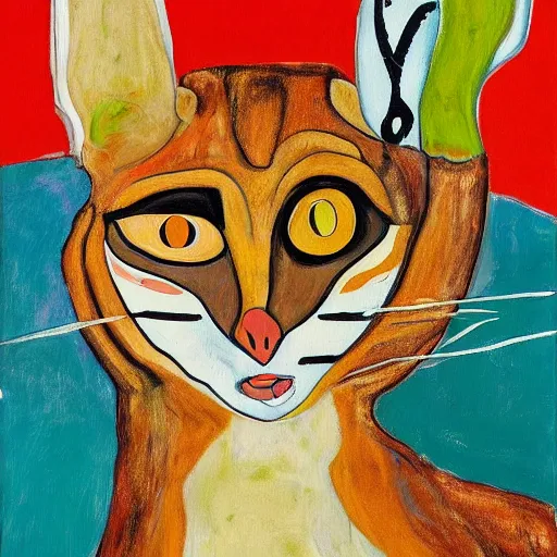 Image similar to a painting of cute caracal from futurama by graham sutherland, egon schiele, gustav klimt, joan miro, basquiat, expressionism