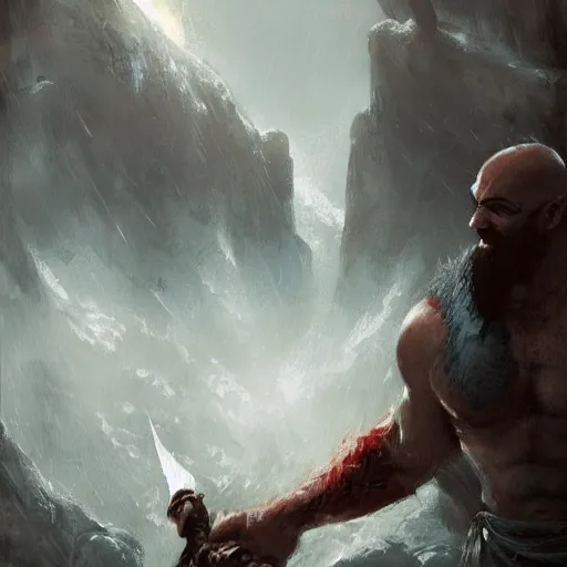 Image similar to kratos after defeating zeus by greg rutkowski