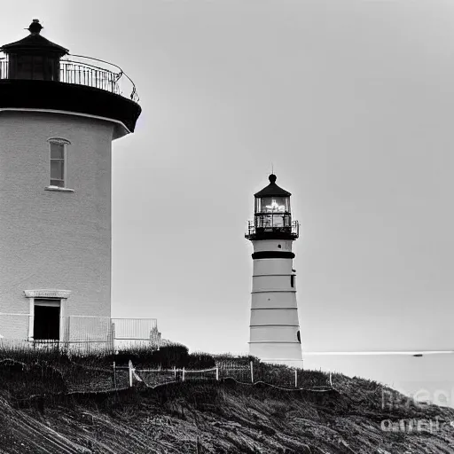 Prompt: willem dafoe as a lighthouse keeper, victorian style photograph, black and white, rainy,