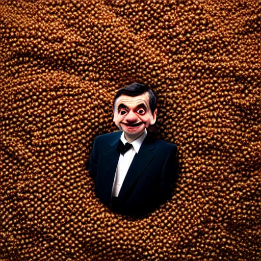 Image similar to uhd candid photo of mr. bean made of beans. photo by annie leibowitz